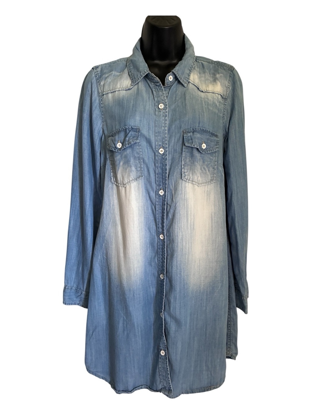 Papillon Indie Light Blue Faded Distressed Denim Chambray Shirt-Dress Sz M